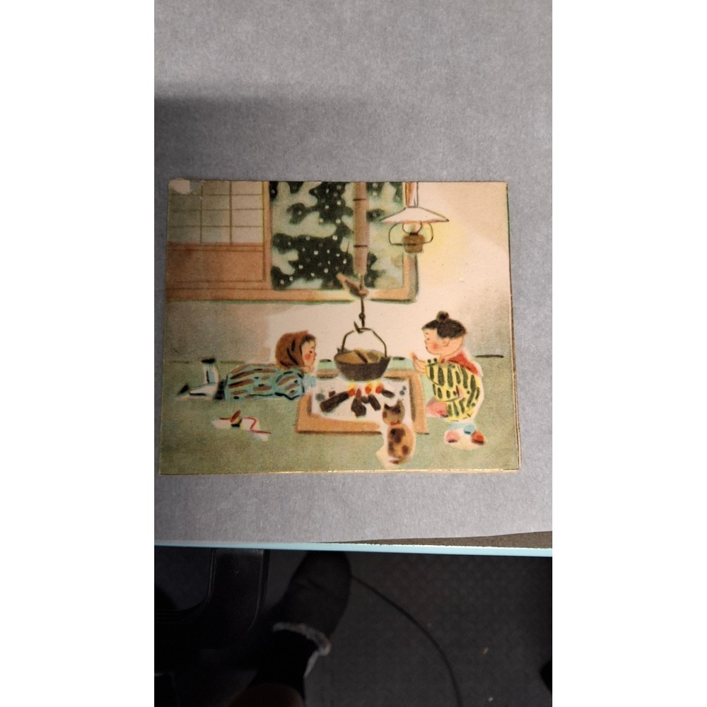 Vintage Japanese Christmas Card Children Irori Hearth Snowman Mid Century Japan